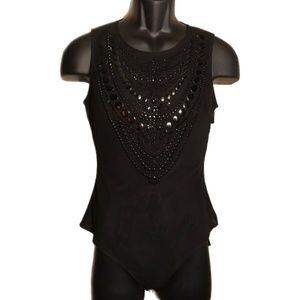 New Guess Nolah Rhinestone-embellished black Sheer Bodysuit